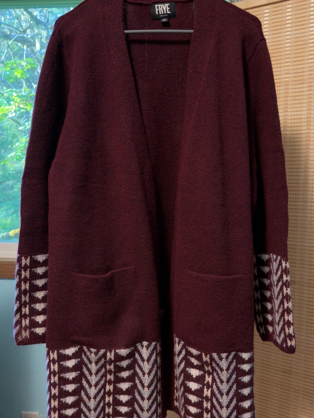 FRYE Burgundy Open-Front Cardigan with Cream Geometric Trim